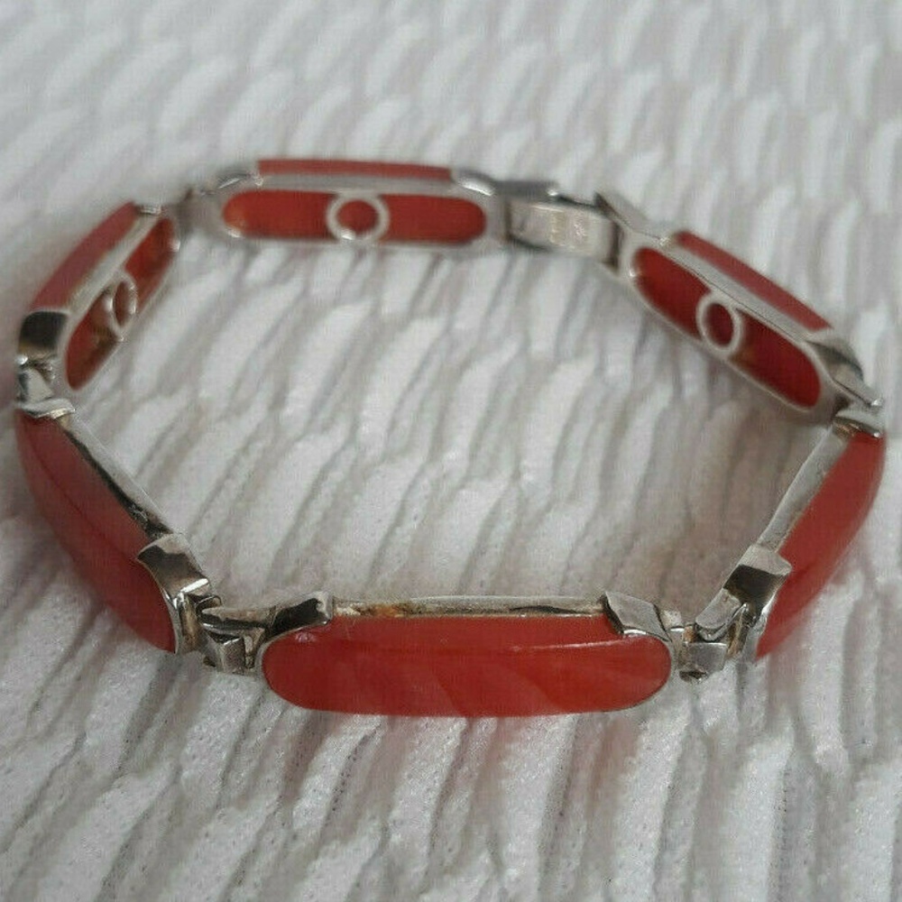 Red Jade Jadeite Panel Link Stone Bracelet Designer Marks 925 GSJ